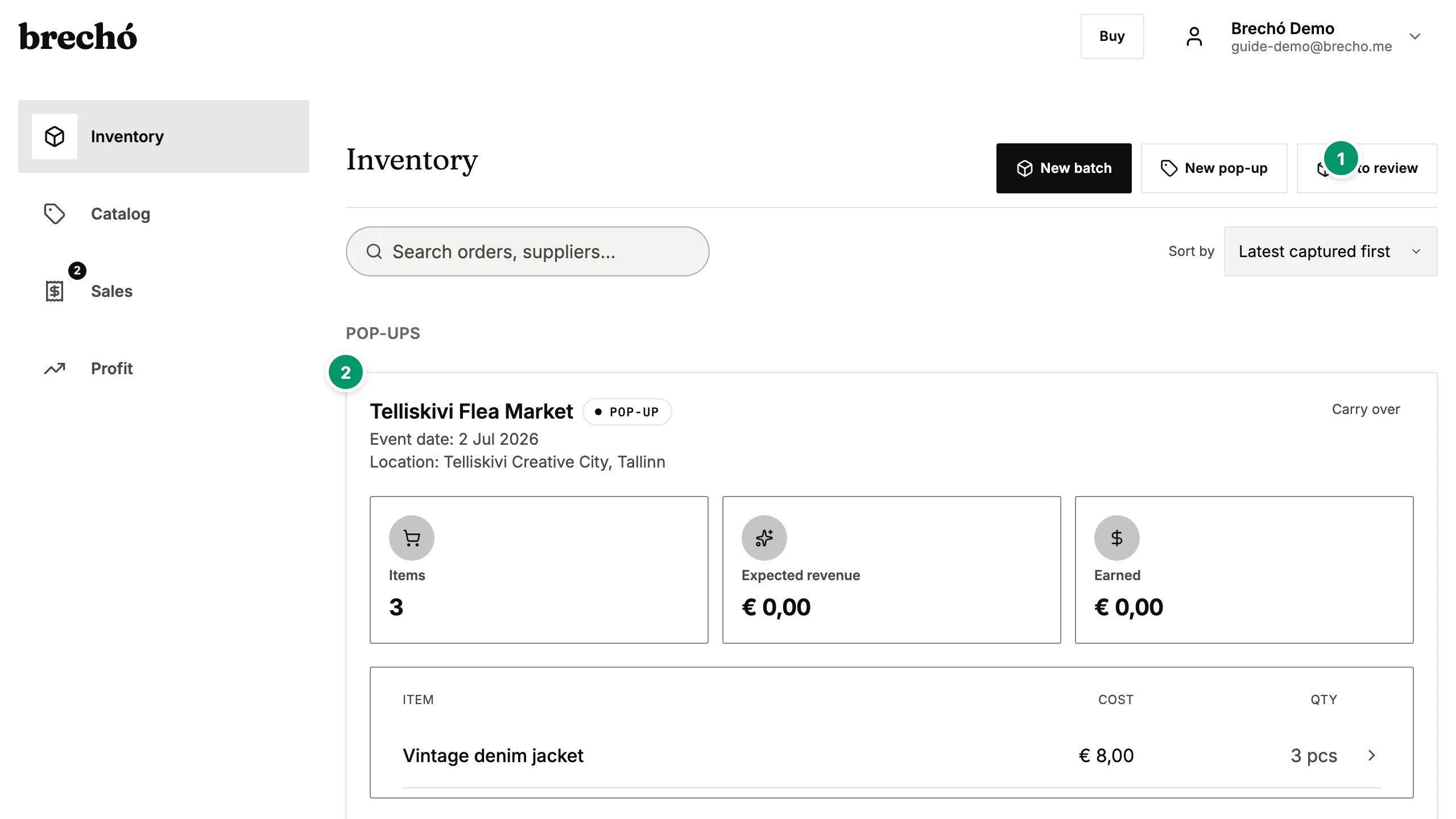 Secondhand shop inventory management dashboard showing per-item cost, status, and landed cost profit tracking