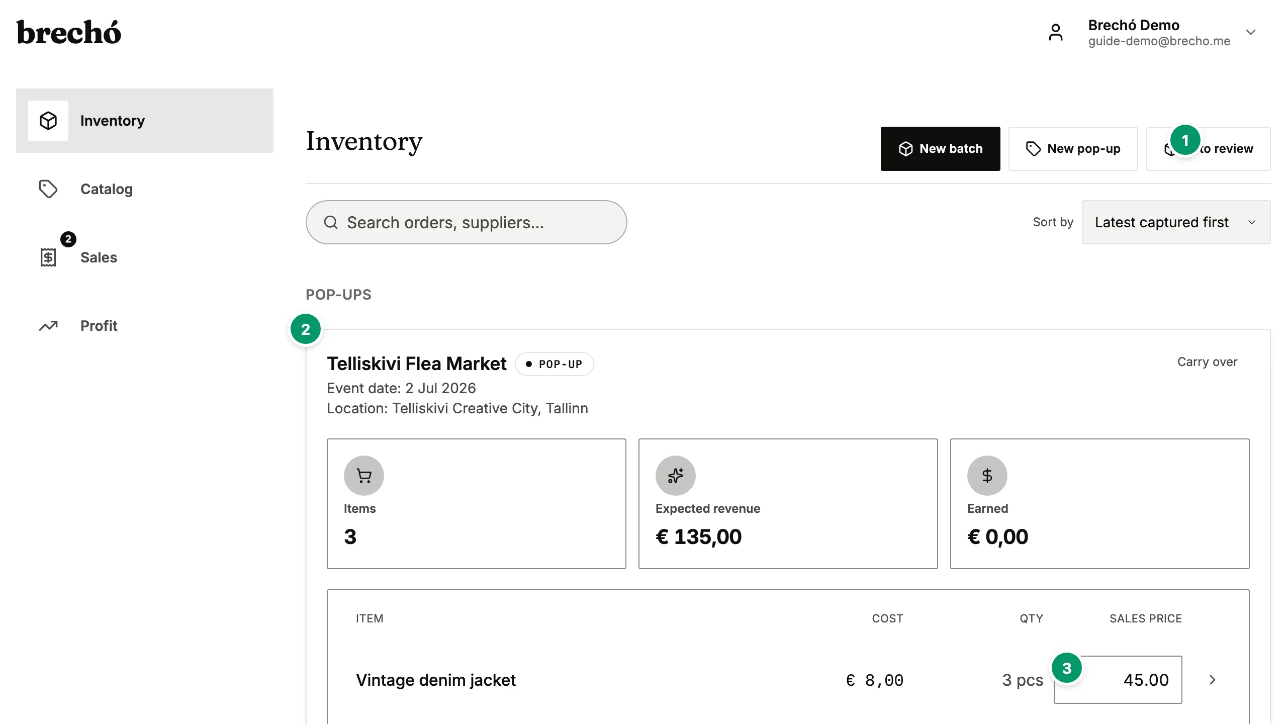 Secondhand shop inventory management dashboard showing per-item cost, status, and landed cost profit tracking