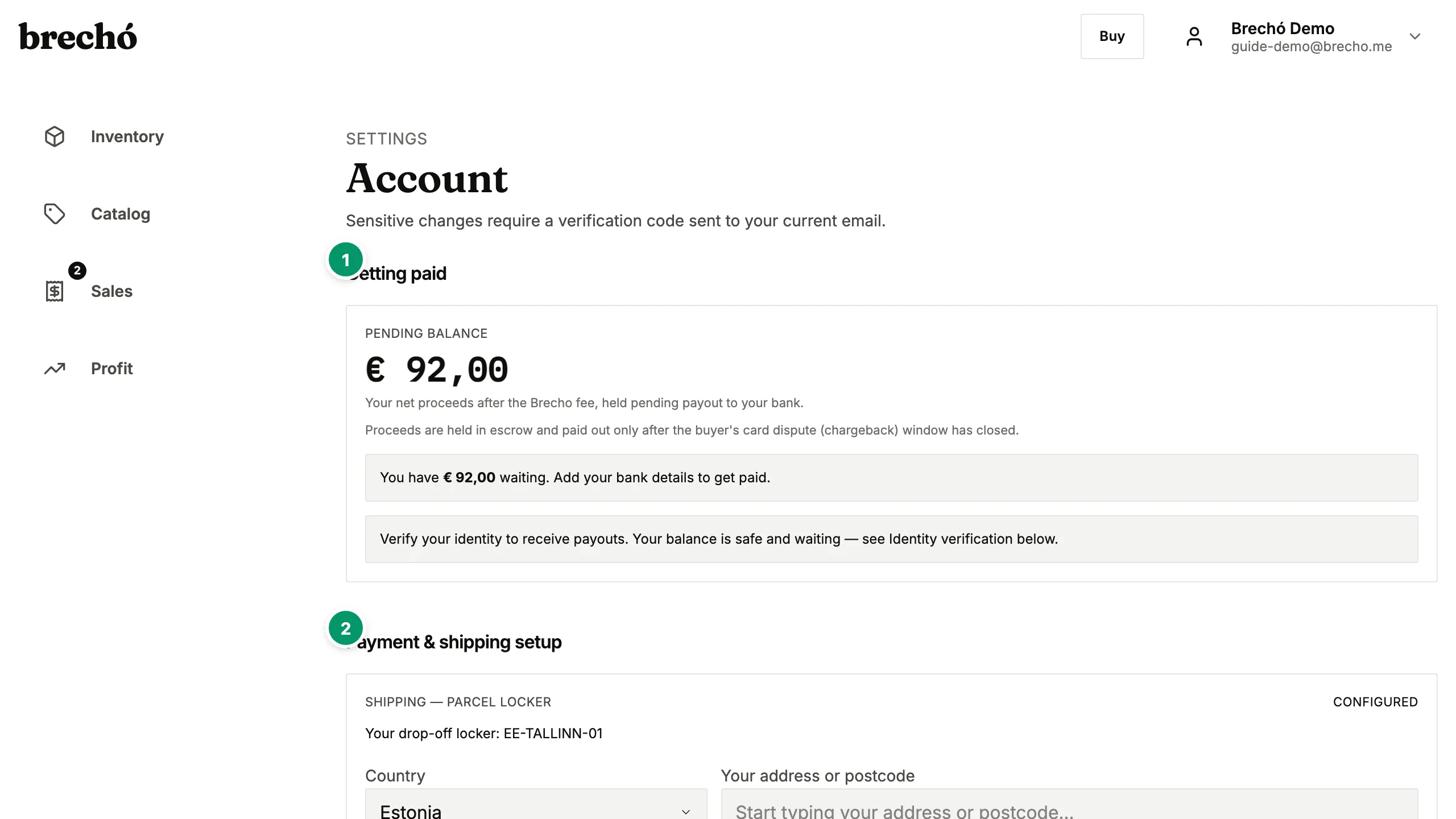 brecho.me settings dashboard showing MercadoPago, Stripe, and Melhor Envio integrations for secondhand sellers