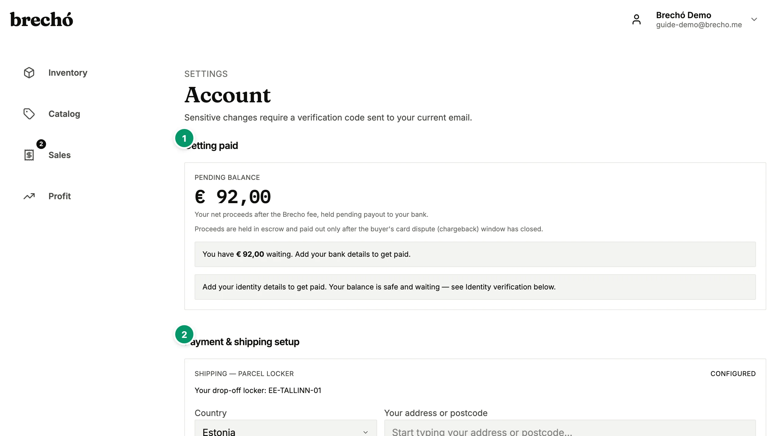 brecho.me settings dashboard showing MercadoPago, Stripe, and Melhor Envio integrations for secondhand sellers
