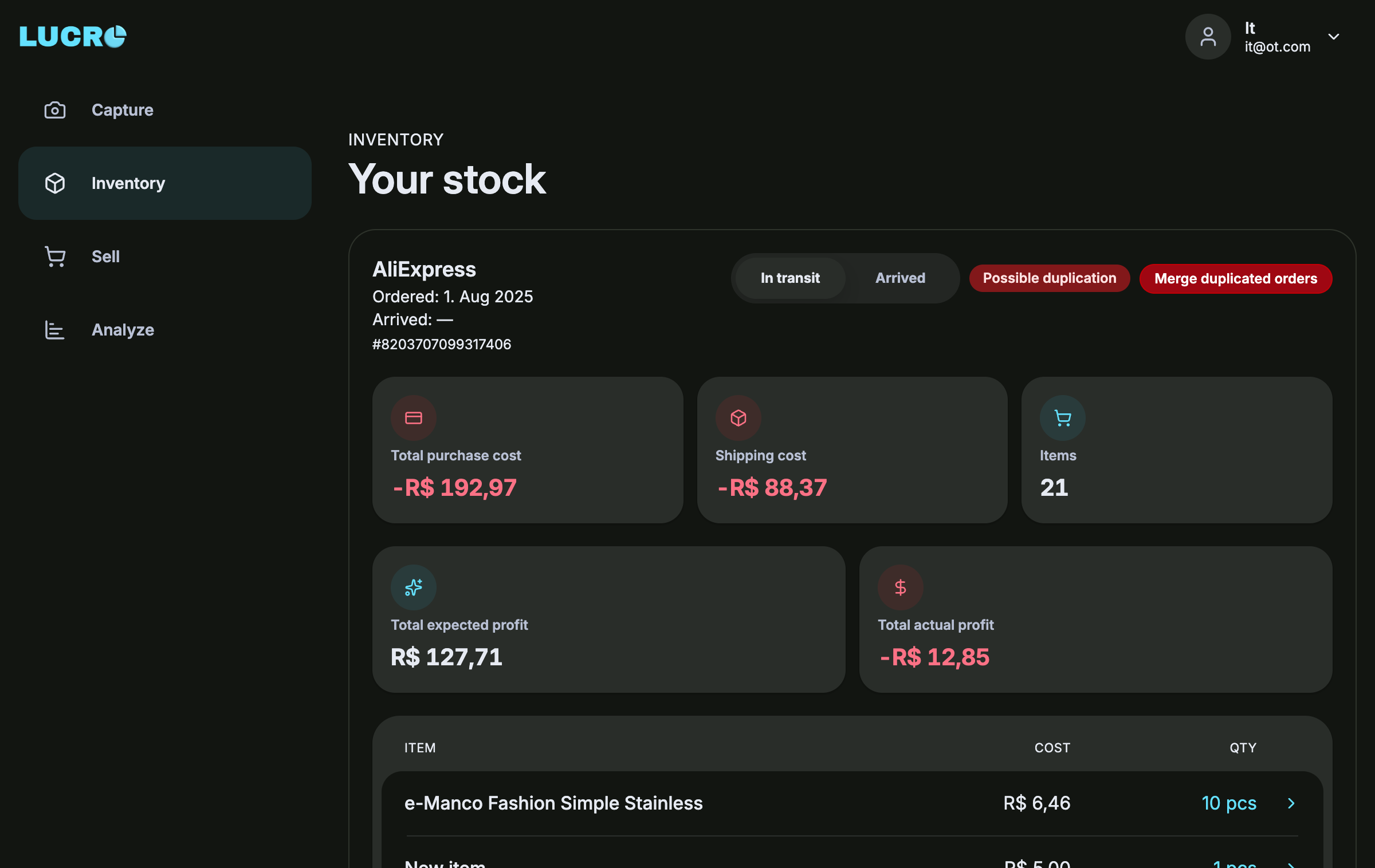 Secondhand shop software dashboard showing inventory management and real profit per item for resellers
