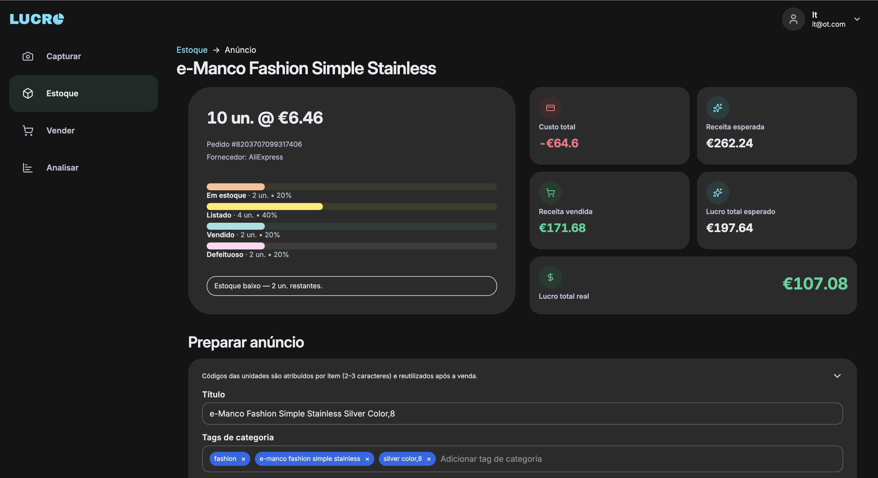 Aplicativo Lucro com estoque e custos exibidos